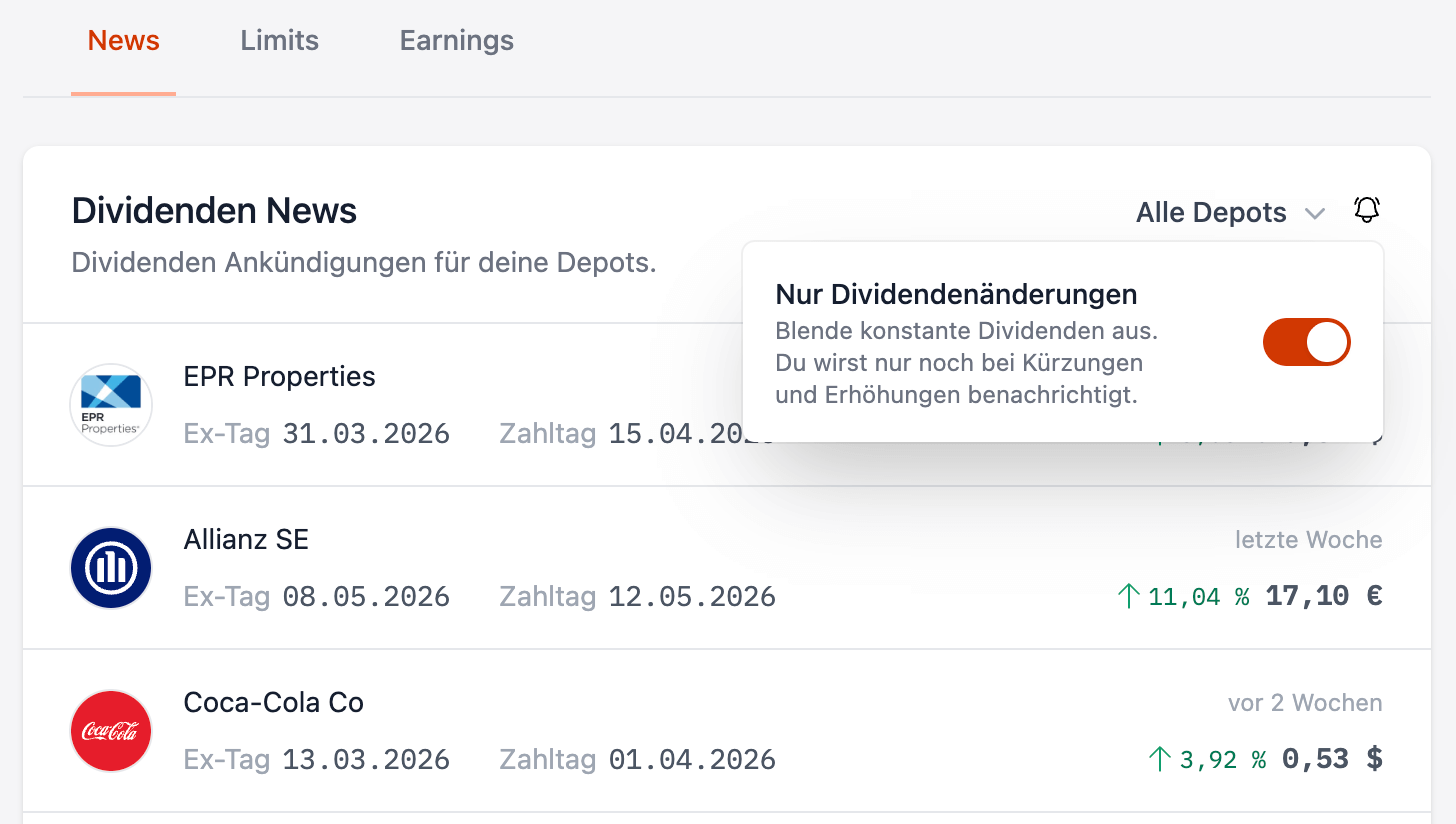 Dividenden-News (Glocke) nur bei Erhöhungen & Kürzungen